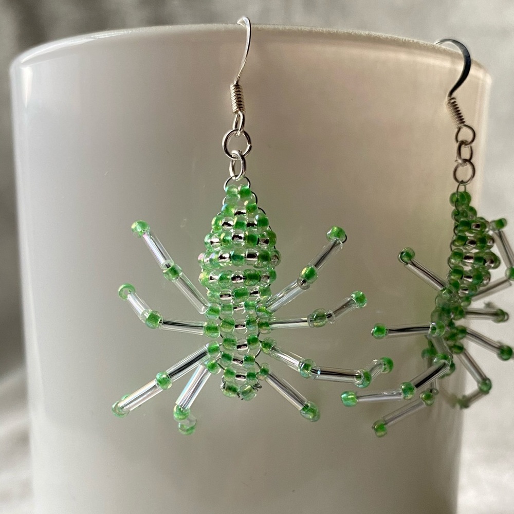 Handmade Lime Green & Clear Beaded Spider Earrings